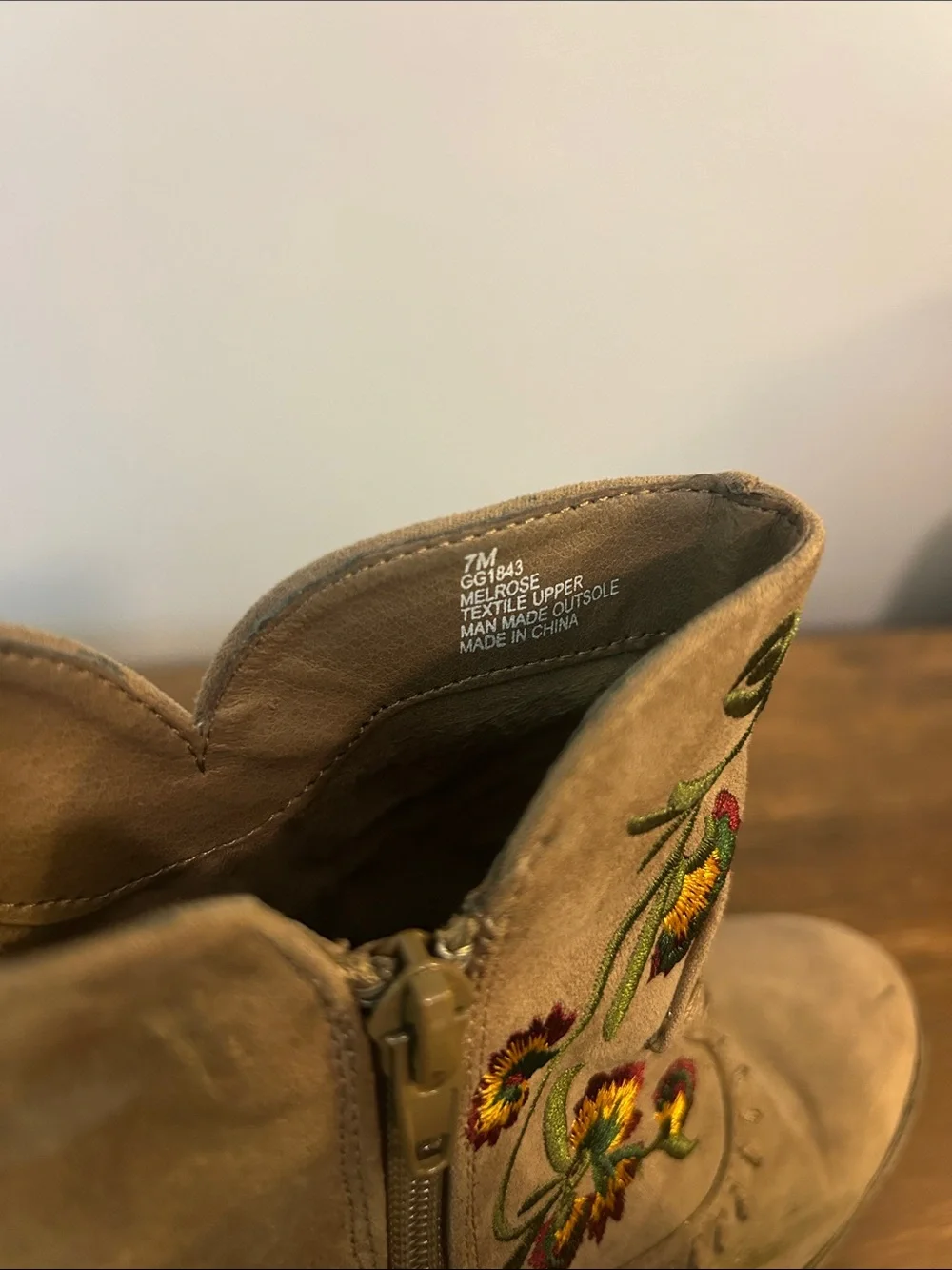 MIA Tan Suede Ankle Boots with Multicolor Floral Embroidery